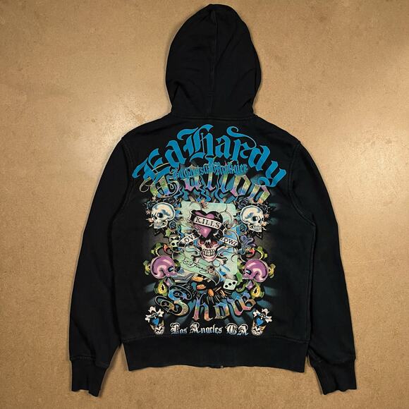 Vintage Ed Hardy Full Zip Hoodie Sweatshirt Faded Black Grunge Goth Emo Y2K - Picture 7 of 16